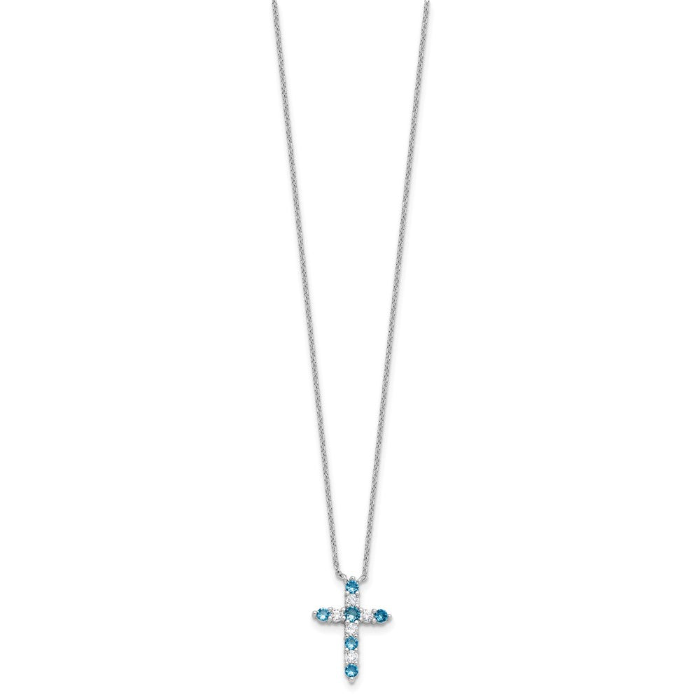 SS RH-plated Blue CZ December Birthstone Cross w/2in ext Necklace QBPD36DEC