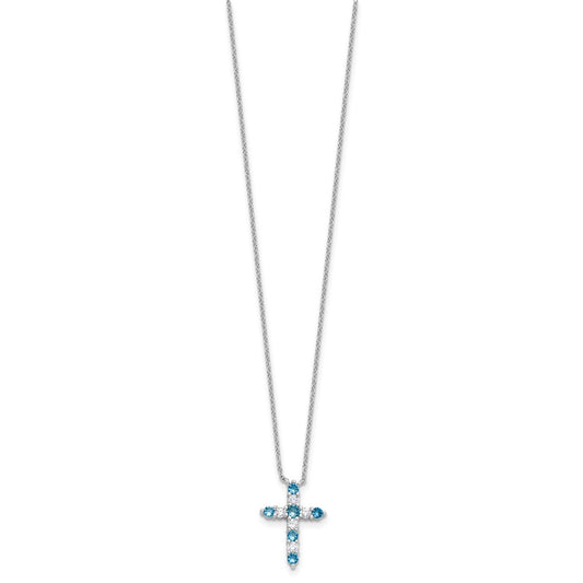 SS RH-plated Blue CZ December Birthstone Cross w/2in ext Necklace QBPD36DEC