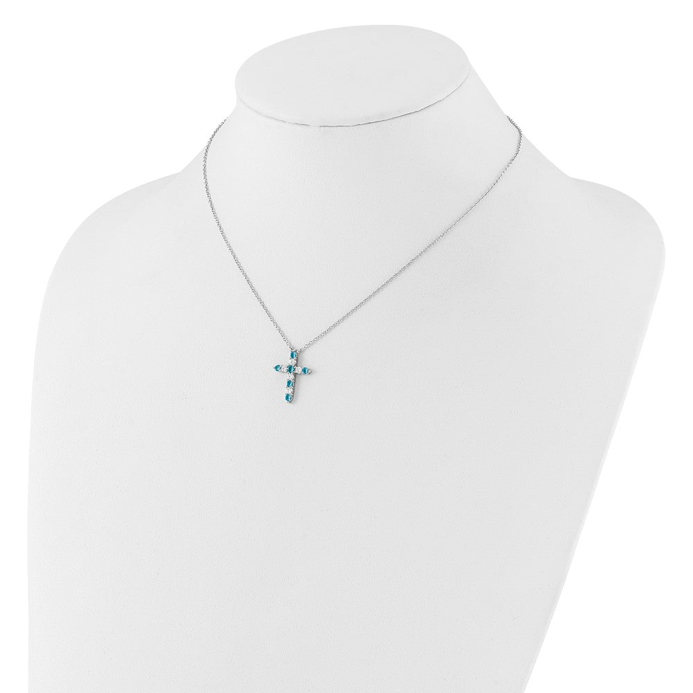 SS RH-plated Blue CZ December Birthstone Cross w/2in ext Necklace QBPD36DEC