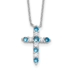 SS RH-plated Blue CZ December Birthstone Cross w/2in ext Necklace QBPD36DEC