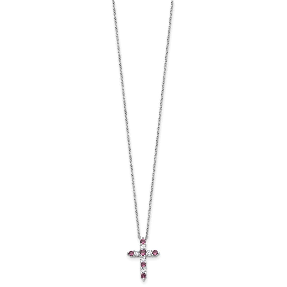 SS RH-plated Purple CZ February Birthstone Cross w/2in ext Necklace QBPD36FEB