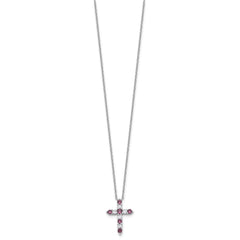 SS RH-plated Purple CZ February Birthstone Cross w/2in ext Necklace QBPD36FEB