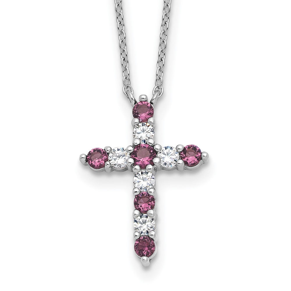 SS RH-plated Purple CZ February Birthstone Cross w/2in ext Necklace QBPD36FEB