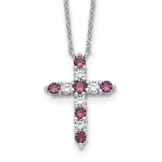 SS RH-plated Purple CZ February Birthstone Cross w/2in ext Necklace QBPD36FEB