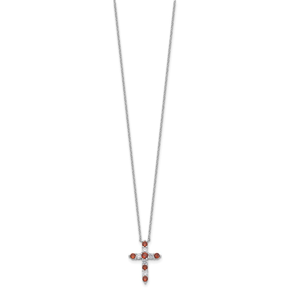 SS RH-plated Red CZ January Birthstone Cross w/2in ext Necklace QBPD36JAN