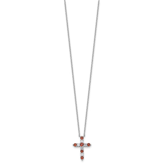SS RH-plated Red CZ January Birthstone Cross w/2in ext Necklace QBPD36JAN