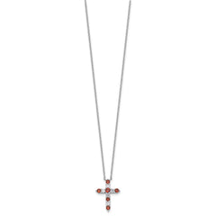 SS RH-plated Red CZ January Birthstone Cross w/2in ext Necklace QBPD36JAN