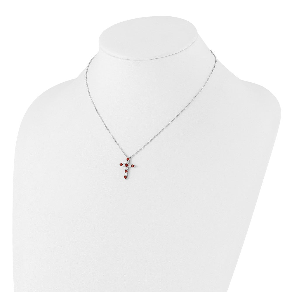 SS RH-plated Red CZ January Birthstone Cross w/2in ext Necklace QBPD36JAN