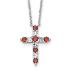 SS RH-plated Red CZ January Birthstone Cross w/2in ext Necklace QBPD36JAN