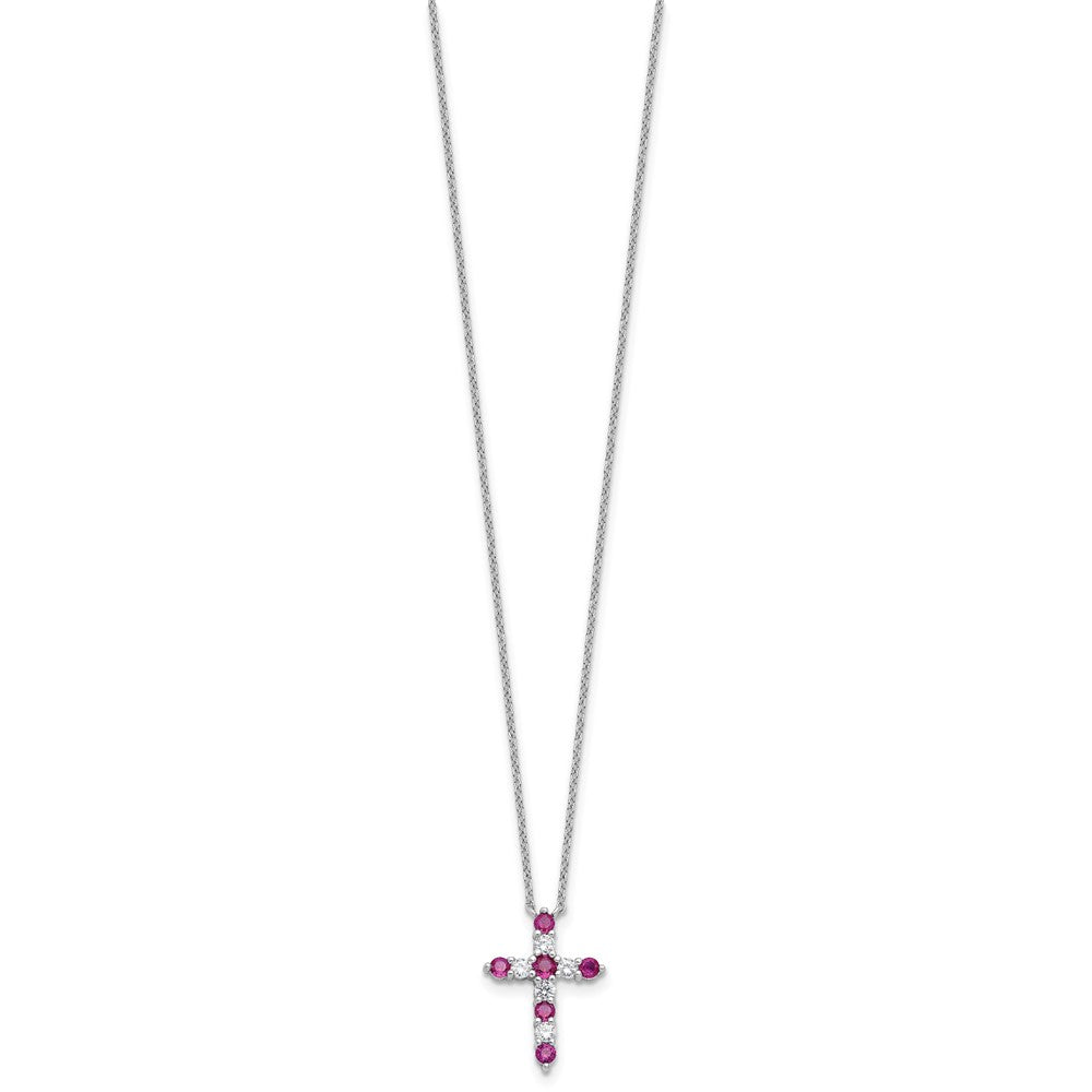 SS RH-plated Dark Pink CZ July Birthstone Cross w/2in ext Necklace QBPD36JUL