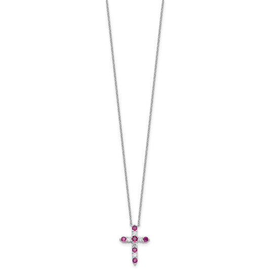 SS RH-plated Dark Pink CZ July Birthstone Cross w/2in ext Necklace QBPD36JUL