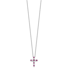 SS RH-plated Dark Pink CZ July Birthstone Cross w/2in ext Necklace QBPD36JUL