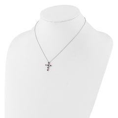 SS RH-plated Dark Pink CZ July Birthstone Cross w/2in ext Necklace QBPD36JUL