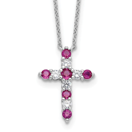 SS RH-plated Dark Pink CZ July Birthstone Cross w/2in ext Necklace QBPD36JUL