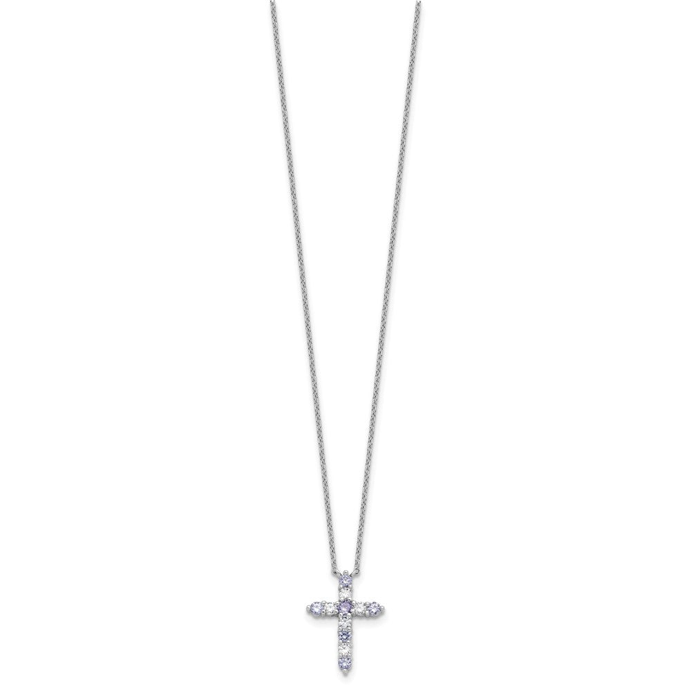 SS RH-plated Lt Purple CZ June Birthstone Cross w/2in ext Necklace QBPD36JUN