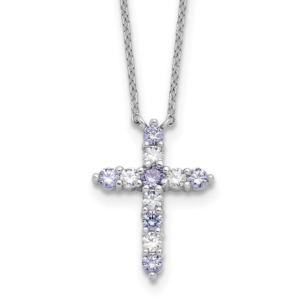 SS RH-plated Lt Purple CZ June Birthstone Cross w/2in ext Necklace QBPD36JUN