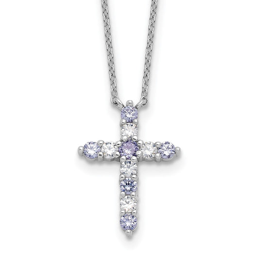 SS RH-plated Lt Purple CZ June Birthstone Cross w/2in ext Necklace QBPD36JUN
