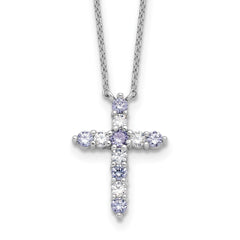 SS RH-plated Lt Purple CZ June Birthstone Cross w/2in ext Necklace QBPD36JUN