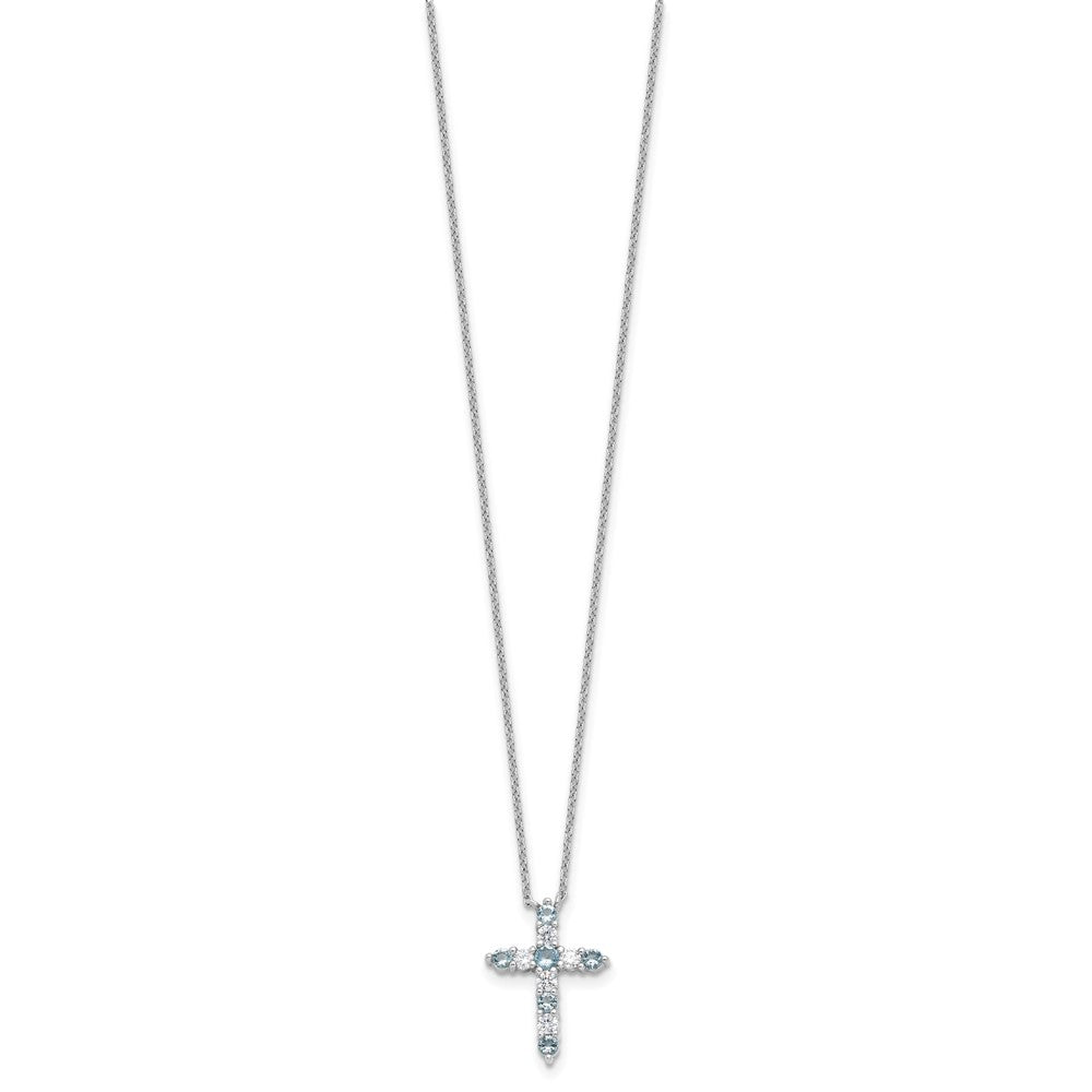 SS RH-plated Lt Blue CZ March Birthstone Cross w/2in ext Necklace QBPD36MAR