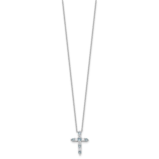 SS RH-plated Lt Blue CZ March Birthstone Cross w/2in ext Necklace QBPD36MAR