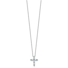 SS RH-plated Lt Blue CZ March Birthstone Cross w/2in ext Necklace QBPD36MAR