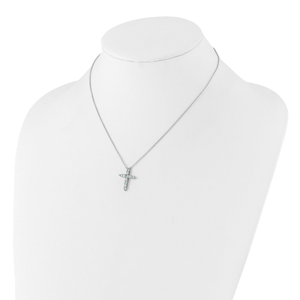 SS RH-plated Lt Blue CZ March Birthstone Cross w/2in ext Necklace QBPD36MAR