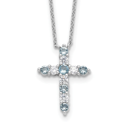 SS RH-plated Lt Blue CZ March Birthstone Cross w/2in ext Necklace QBPD36MAR