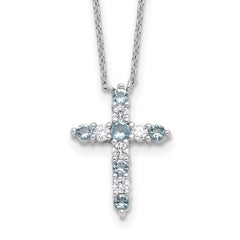 SS RH-plated Lt Blue CZ March Birthstone Cross w/2in ext Necklace QBPD36MAR