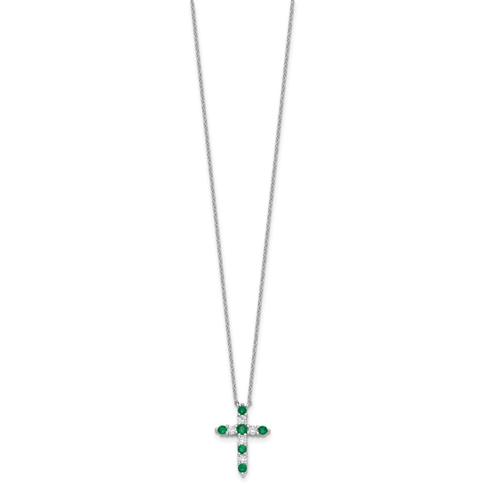 SS RH-plated Green CZ May Birthstone Cross w/2in ext Necklace QBPD36MAY