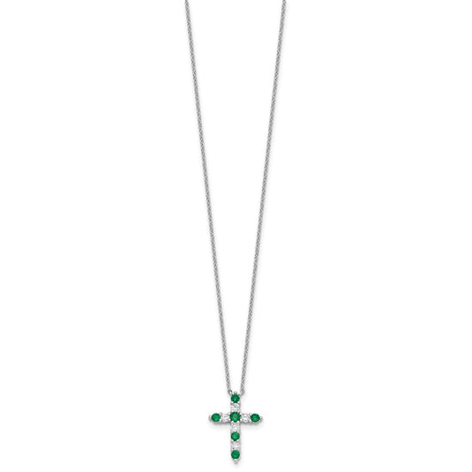 SS RH-plated Green CZ May Birthstone Cross w/2in ext Necklace QBPD36MAY