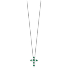 SS RH-plated Green CZ May Birthstone Cross w/2in ext Necklace QBPD36MAY