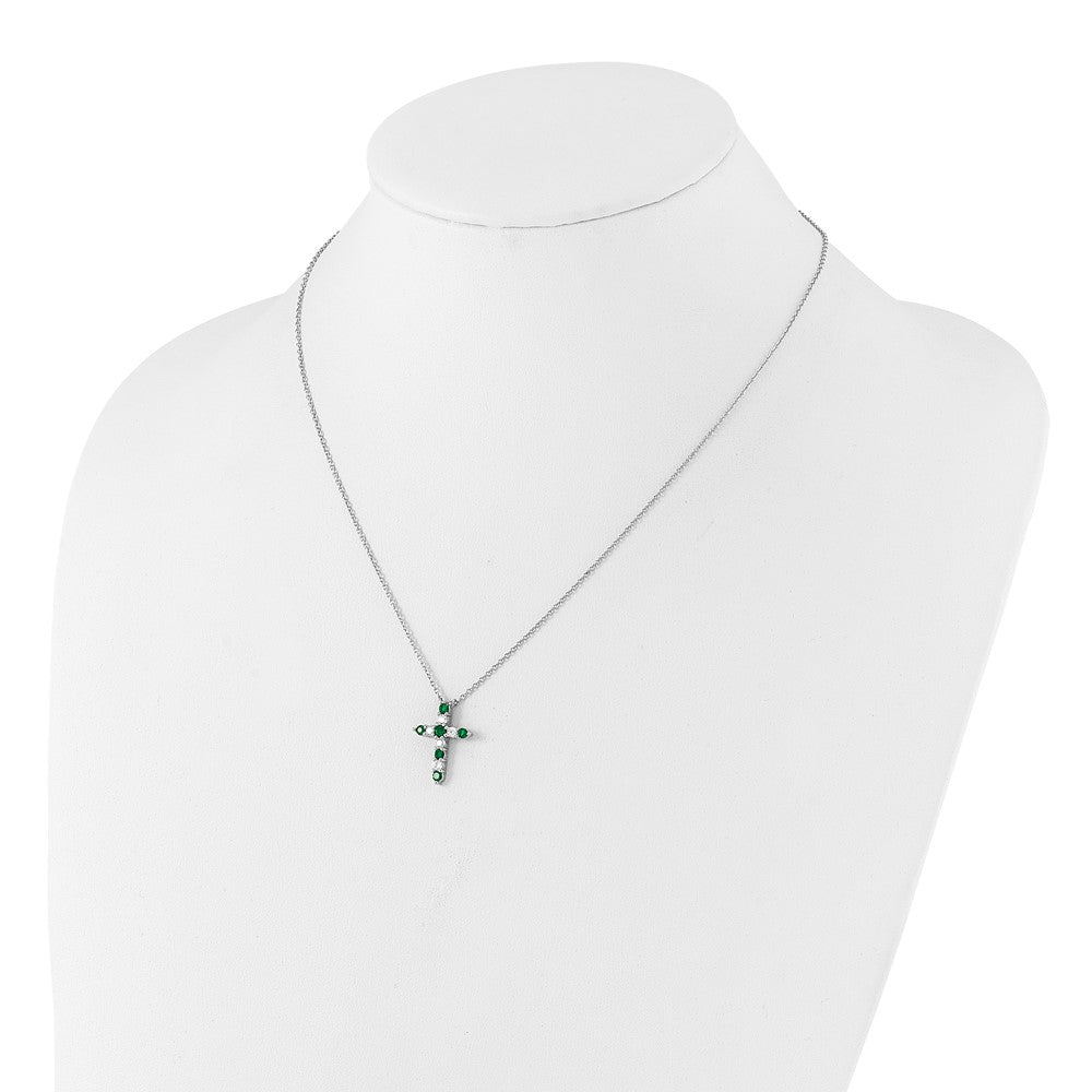 SS RH-plated Green CZ May Birthstone Cross w/2in ext Necklace QBPD36MAY