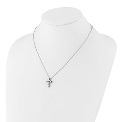 SS RH-plated Green CZ May Birthstone Cross w/2in ext Necklace QBPD36MAY