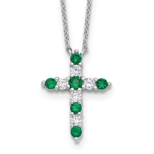 SS RH-plated Green CZ May Birthstone Cross w/2in ext Necklace QBPD36MAY