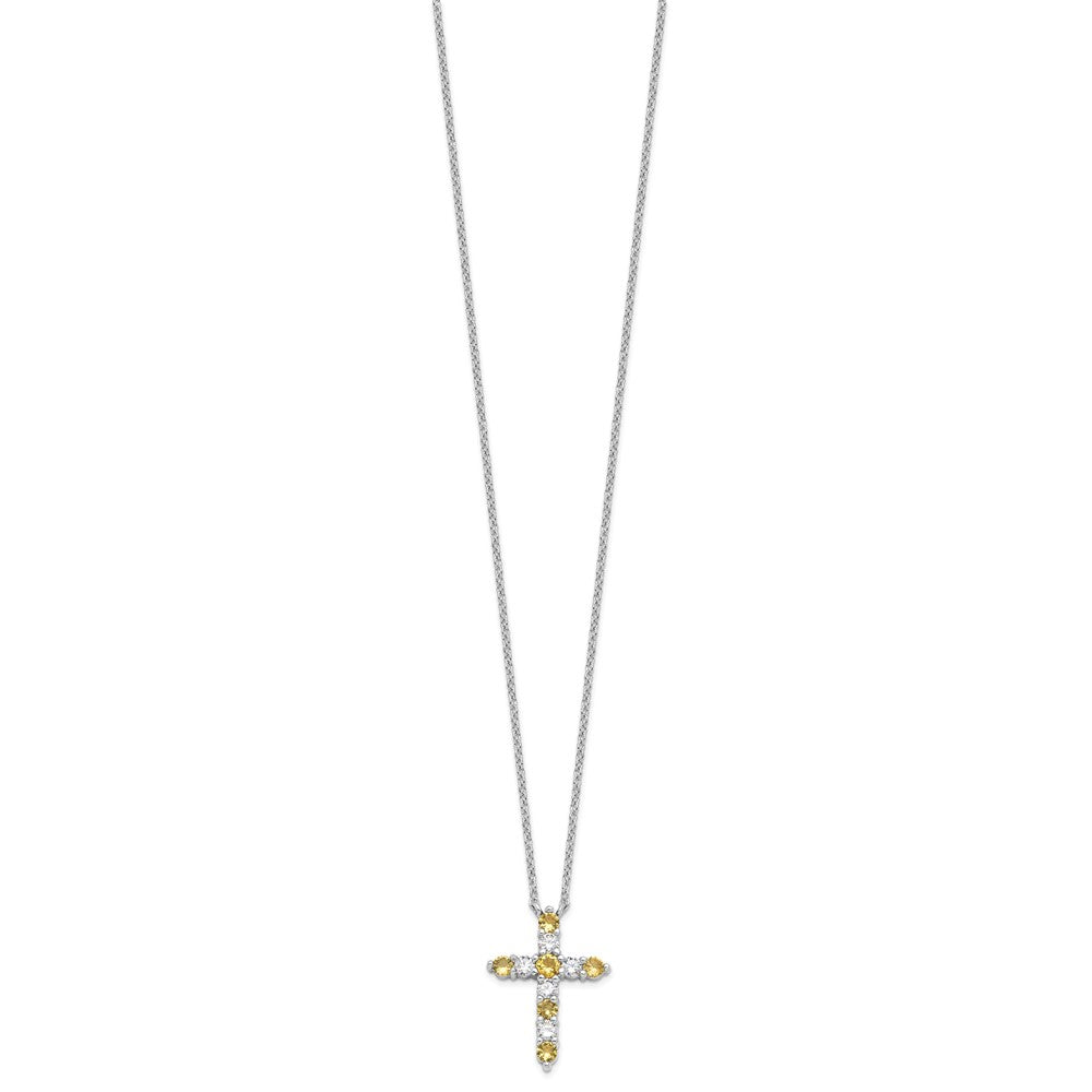 SS RH-plated Yellow CZ Nov Birthstone Cross w/2in ext Necklace QBPD36NOV