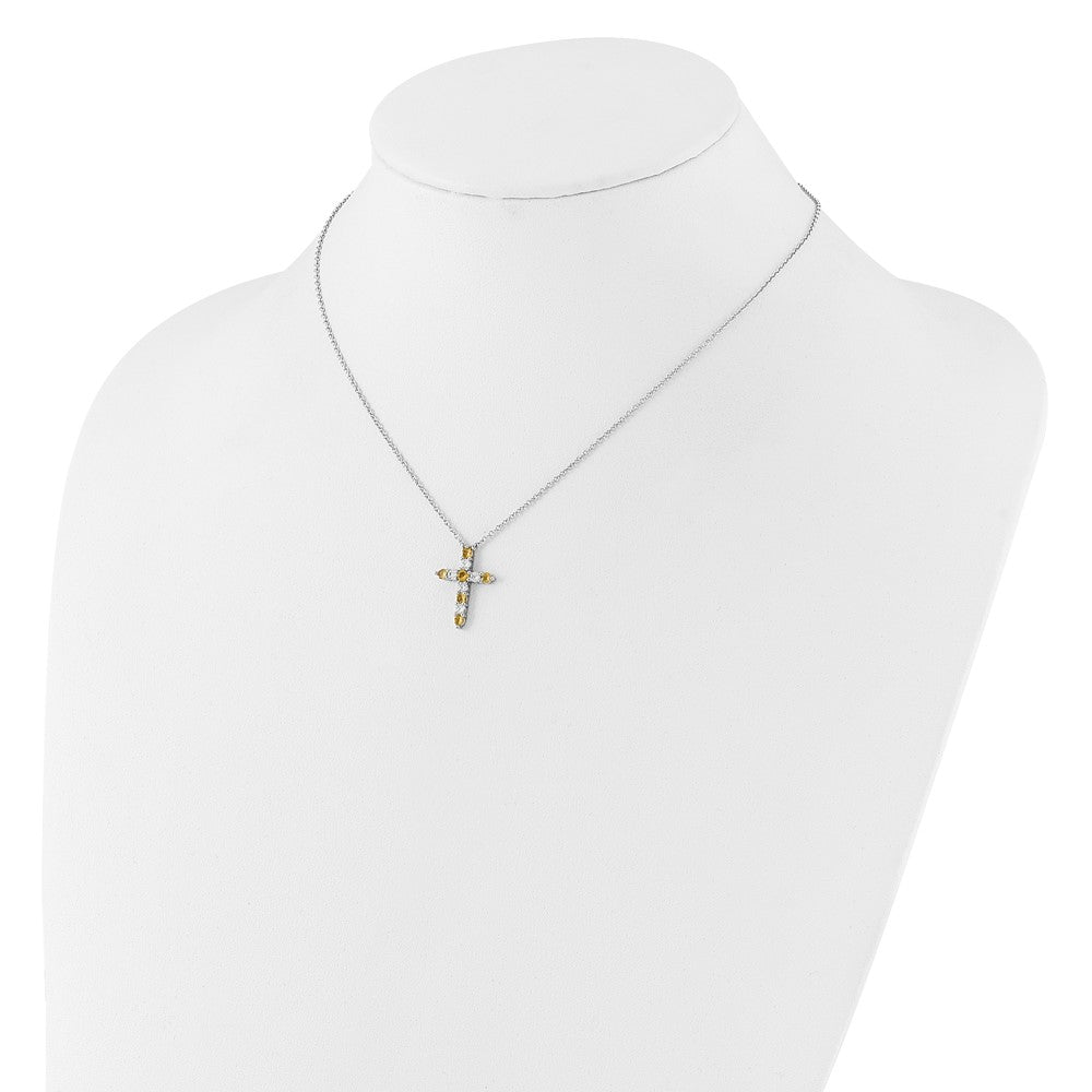 SS RH-plated Yellow CZ Nov Birthstone Cross w/2in ext Necklace QBPD36NOV