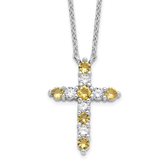 SS RH-plated Yellow CZ Nov Birthstone Cross w/2in ext Necklace QBPD36NOV