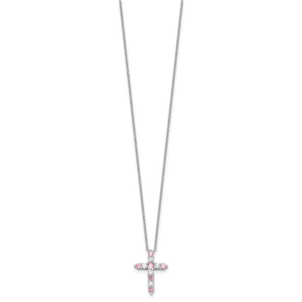 SS RH-plated Pink CZ October Birthstone Cross w/2in ext Necklace QBPD36OCT