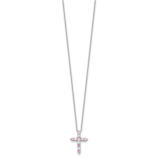 SS RH-plated Pink CZ October Birthstone Cross w/2in ext Necklace QBPD36OCT