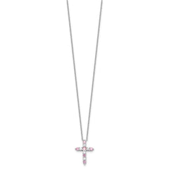 SS RH-plated Pink CZ October Birthstone Cross w/2in ext Necklace QBPD36OCT