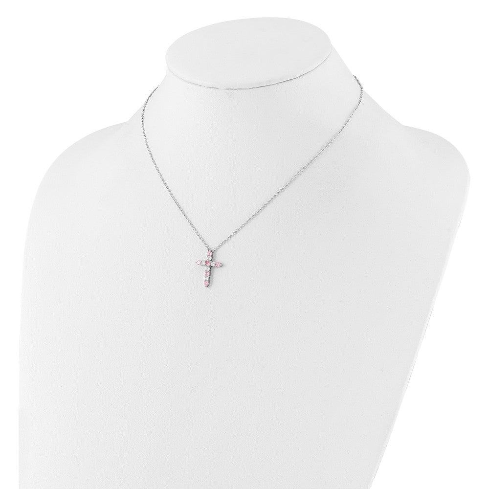 SS RH-plated Pink CZ October Birthstone Cross w/2in ext Necklace QBPD36OCT