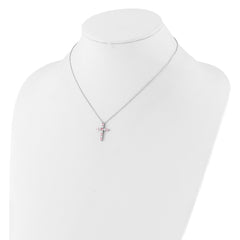 SS RH-plated Pink CZ October Birthstone Cross w/2in ext Necklace QBPD36OCT