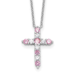 SS RH-plated Pink CZ October Birthstone Cross w/2in ext Necklace QBPD36OCT