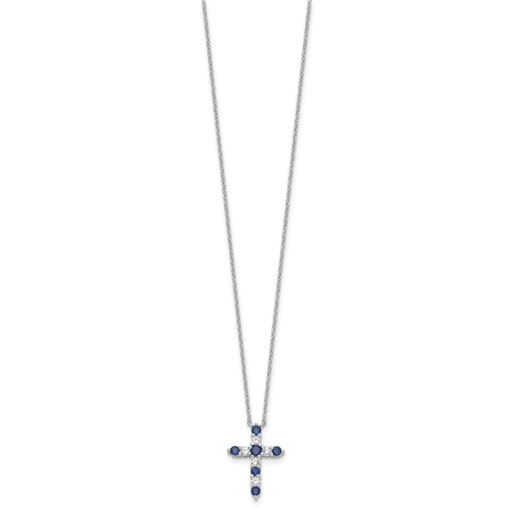 SS RH-plated Dark Blue CZ Sept Birthstone Cross w/2in ext Necklace QBPD36SEP