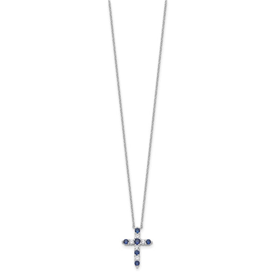 SS RH-plated Dark Blue CZ Sept Birthstone Cross w/2in ext Necklace QBPD36SEP
