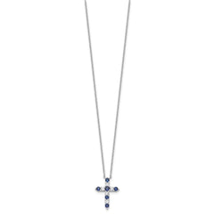 SS RH-plated Dark Blue CZ Sept Birthstone Cross w/2in ext Necklace QBPD36SEP