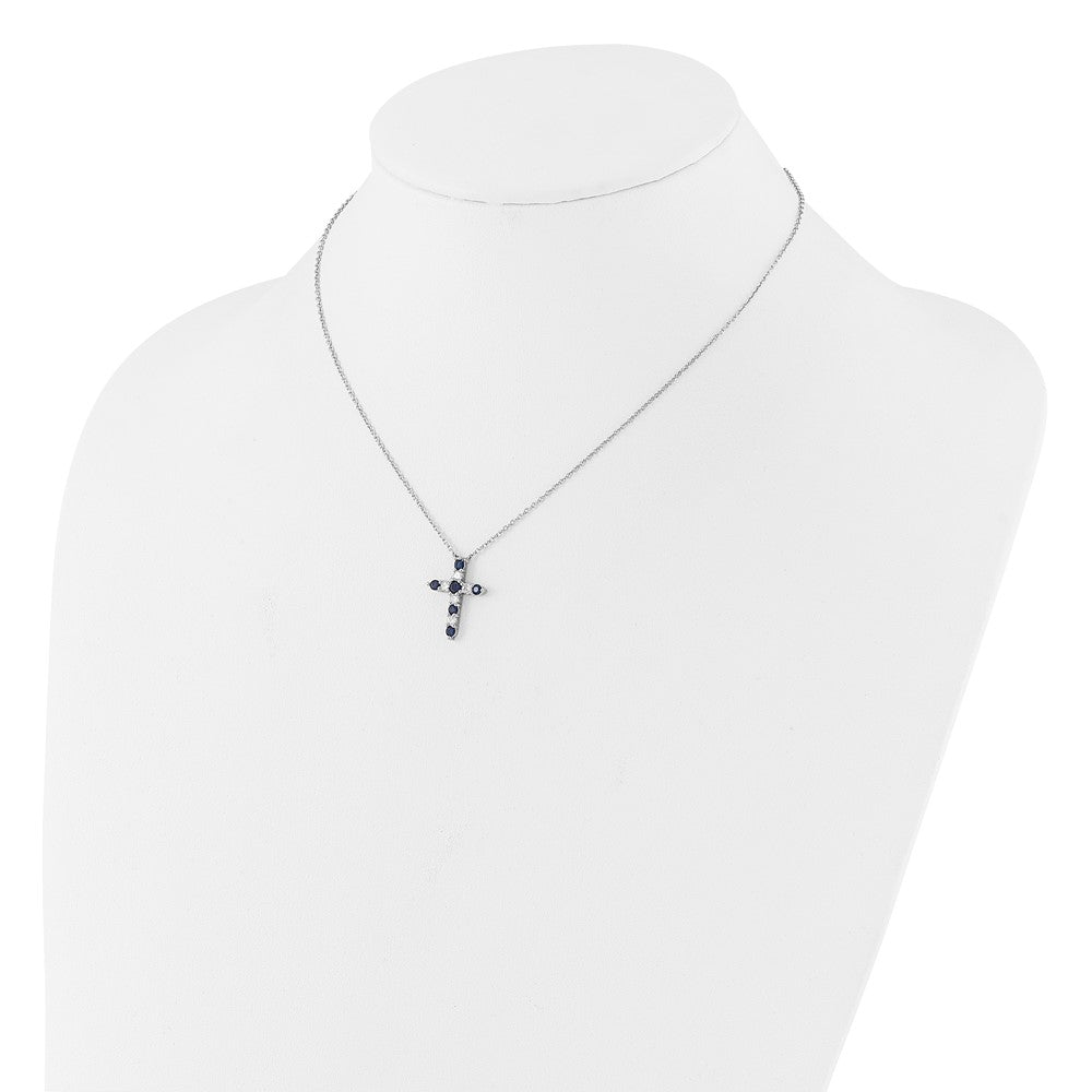 SS RH-plated Dark Blue CZ Sept Birthstone Cross w/2in ext Necklace QBPD36SEP