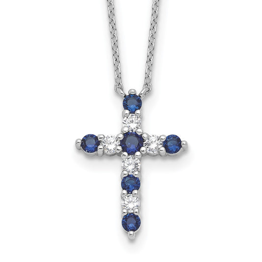 SS RH-plated Dark Blue CZ Sept Birthstone Cross w/2in ext Necklace QBPD36SEP
