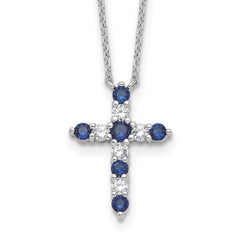 SS RH-plated Dark Blue CZ Sept Birthstone Cross w/2in ext Necklace QBPD36SEP