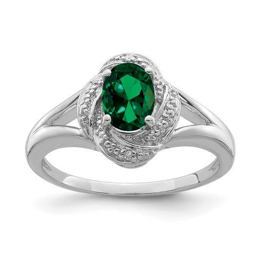 Sterling Silver Rhodium-plated Diam. & Created Emerald Ring